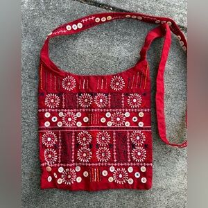 GAP Red Embroidered + Beaded Bohemian Cross Body Purse